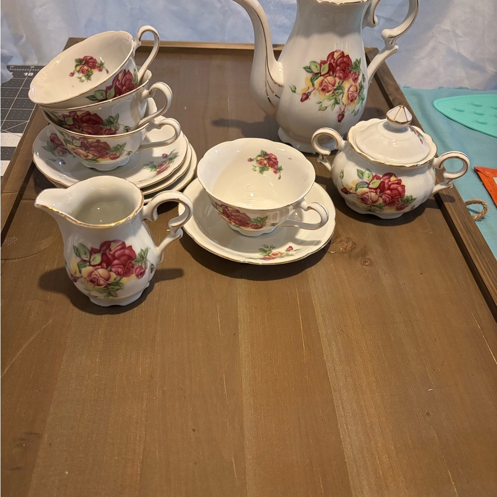 Vintage Rose Floral Set – Teapot, Creamer, Sugar Bowl, Cups & Saucers  China Set